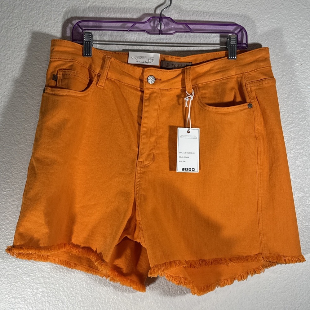 NWT Judy Blue Citrus Crush Orange Fray Hem Denim Jean Shorts 2XL High Rise Rave